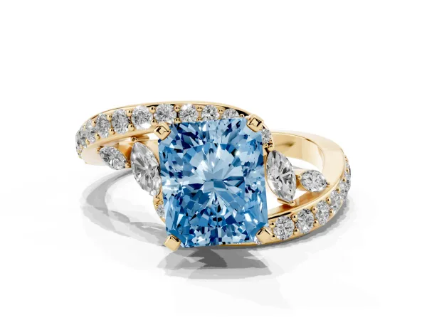 Fancy Blue Radiant Cut Solitaire with Pavé Twist Band and Four-Prong Setting Yellow gold
