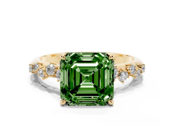 Fancy Green Asscher Cut Diamond Cluster Side Stone Solitaire Ring with Prong Setting Yellow gold