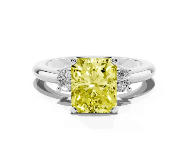 Fancy Yellow Three-Stone Radiant Cut Cut Diamond Solitaire with Prong Setting and Classic Band Platinum