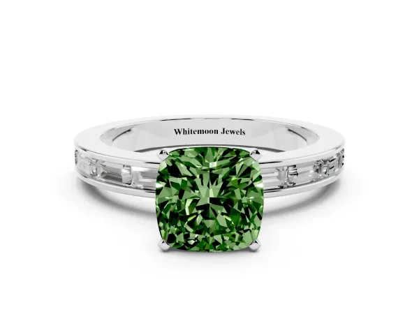 Fancy Green Cushion Cut Solitaire Diamond Ring with Channel-Set Baguette Band and Four-Prong Setting White gold
