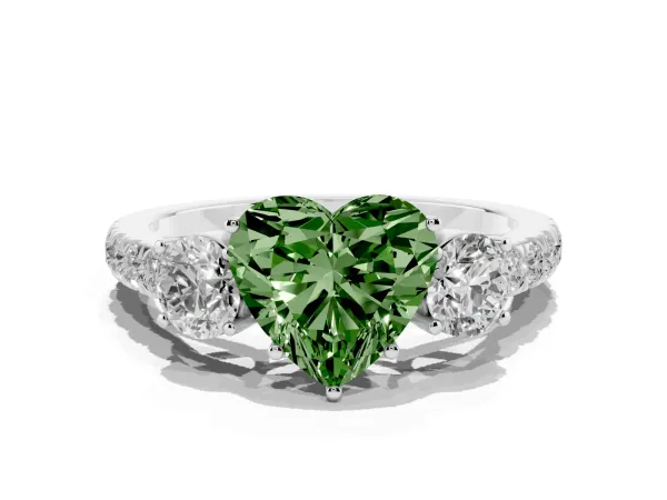 Fancy Green Heart Cut Cut Diamond Three-Stone Ring with Round Side Stones and Pavé Band Platinum