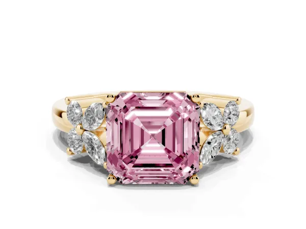 Fancy Pink Asscher Cut Diamond Floral Cluster Ring with Solitaire Band and Prong Setting Yellow gold