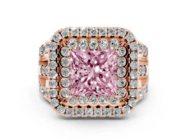 Fancy Pink Princess Cut Diamond Double Halo Ring with Round Pavé Split Shank and Prong Setting Rose gold