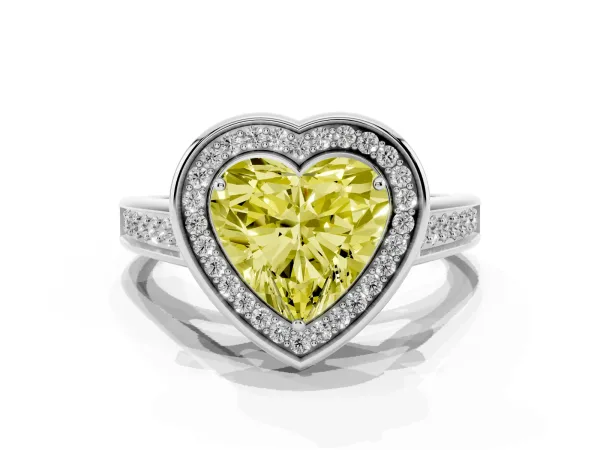 Fancy Yellow Heart Cut Halo Solitaire Diamond Ring with Pave Band and Bezel Setting White gold