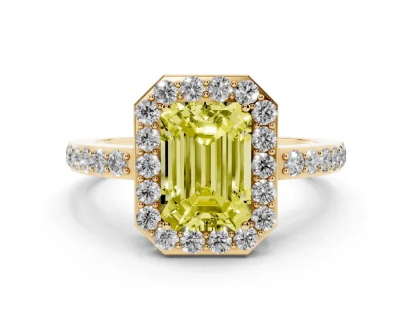 Fancy Yellow Emerald Cut Halo Diamond Pavé Band Ring with Prong Setting Yellow gold