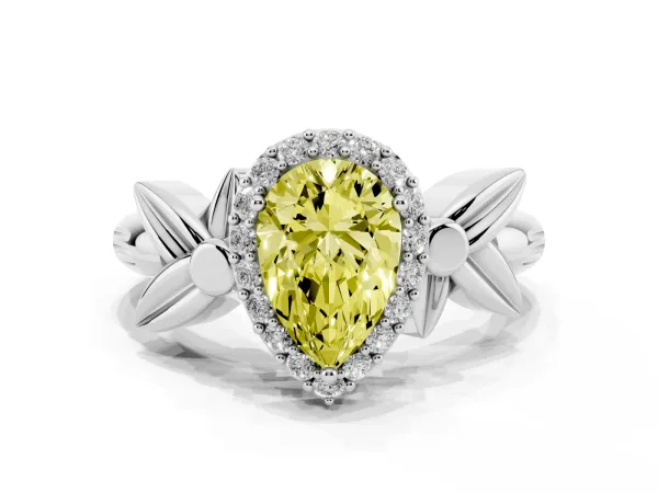 Fancy Yellow Pear Cut Halo Diamond Floral Band with Four-Prong Setting White gold