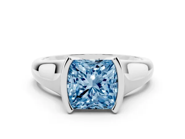 Fancy Blue Princess Cut Solitaire Tension Set Diamond Ring with Split Shank Band Platinum