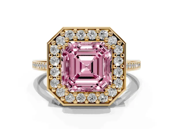 Fancy Pink Asscher Cut Diamond Halo Ring with Split Shank and Four-Prong Setting Yellow gold