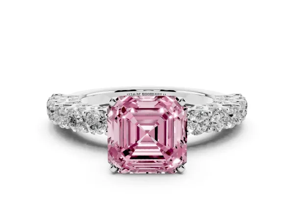 Fancy Pink Asscher Cut Diamond Solitaire Ring with Shared Prong Pavé Band and Four-Prong Setting White gold