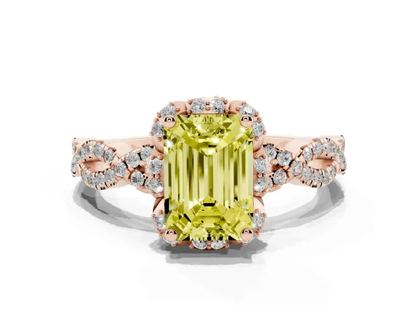 Fancy Yellow Emerald Cut Halo Twist Band Solitaire Ring with Six-Prong Setting Rose gold