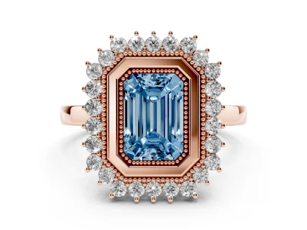 Fancy Blue Emerald Cut Halo Diamond Ring with Milgrain Edge and Round Prong Setting Rose gold
