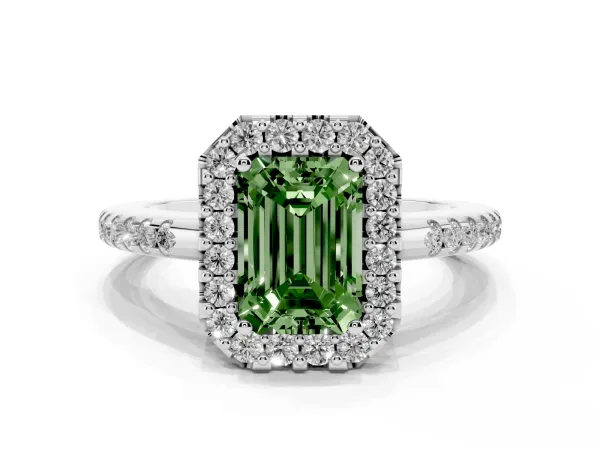 Fancy Green Emerald Cut Diamond Pavé Halo Ring with Four-Prong Setting White gold