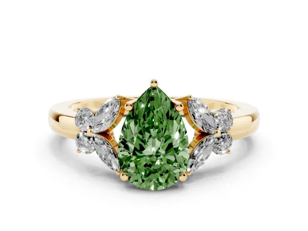 Fancy Green Pear Cut Cut Solitaire Floral Diamond Ring with Four-Prong Setting Yellow gold