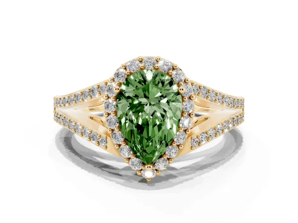 Fancy Green Pear Cut Halo Split Shank Diamond Ring with Prong Setting Yellow gold