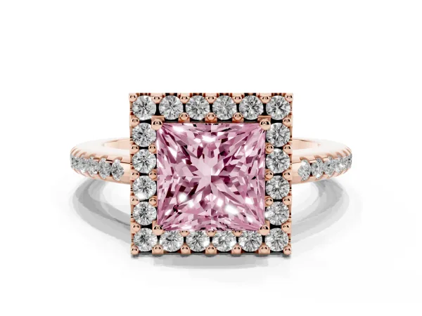 Fancy Pink Princess Cut Diamond Pavé Halo Ring with Four-Prong Setting Rose gold