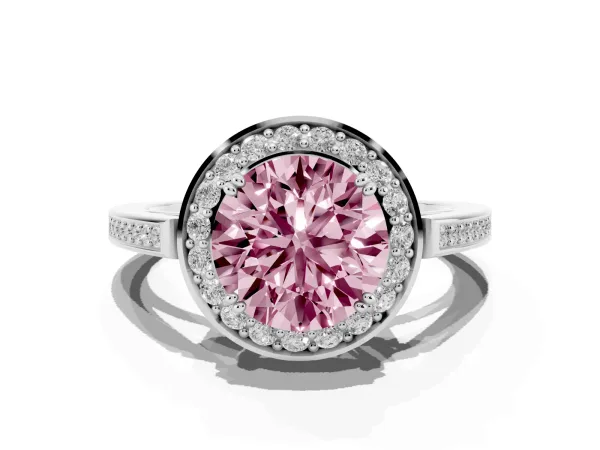 Fancy Pink Round Cut Diamond Halo Ring with Split Shank and Four-Prong Setting Platinum