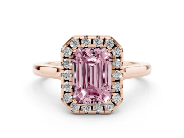 Fancy Pink Emerald Cut Halo Round Diamond Solitaire Ring with Pavé Band and Four-Prong Setting Rose gold