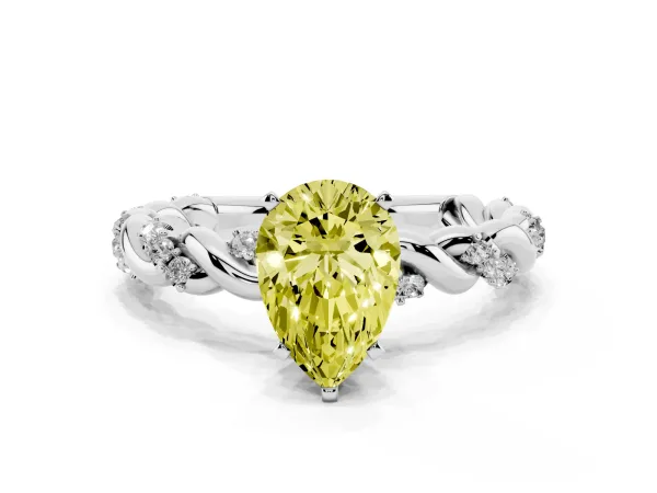 Fancy Yellow Pear Cut Diamond Solitaire Ring with Twisted Band and Pavé Accents White gold