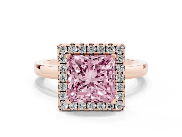 Fancy Pink Princess Cut Halo Diamond Solitaire with Pavé Band and Four-Prong Setting Rose gold