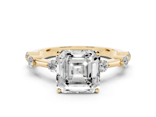 Asscher Cut Solitaire Diamond Ring with Bezel Set Side Stones and Prong Setting Yellow gold