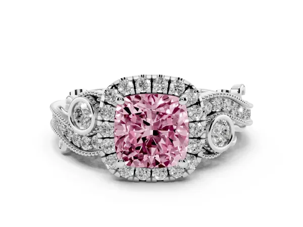 Fancy Pink Cushion Cut Diamond Halo Ring with Milgrain Pavé Band and Four-Prong Setting Platinum