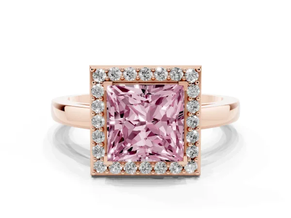 Fancy Pink Princess Cut Halo Diamond Ring with Solitaire Band and Prong Setting Rose gold