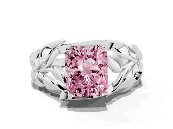 Fancy Pink Radiant Cut Diamond Leaf-Inspired Engagement Ring with Round Accents and Prong Setting Platinum