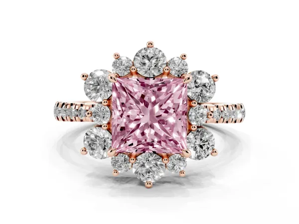 Fancy Pink Princess Cut Diamond Floral Halo Ring with Round Pavé Band and Prong Setting Rose gold