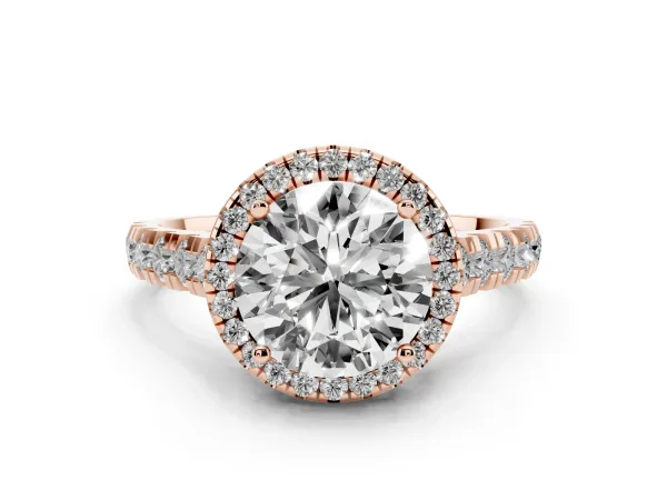 Round Cut Halo Pavé Diamond Engagement Ring with Four-Prong Setting Rose gold