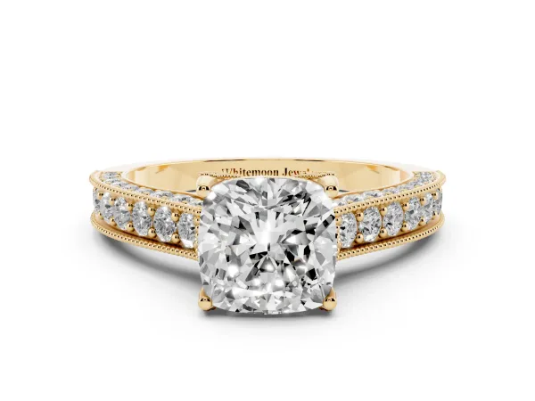 Cushion Cut Cut Diamond Solitaire Ring with Milgrain Pave Band and Four Prong Setting Yellow gold