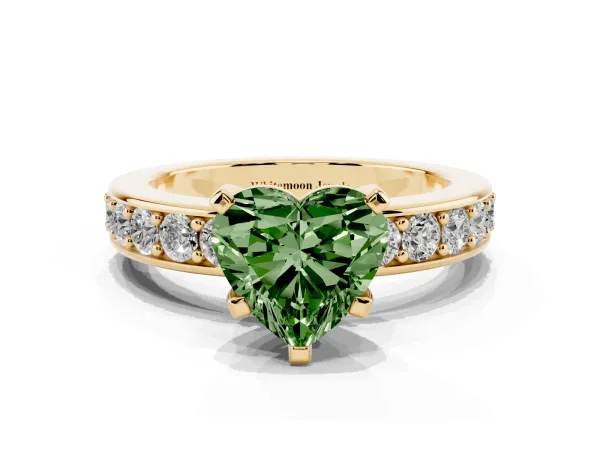 Fancy Green Heart Cut Diamond Engagement Ring with Channel Set Round Band and Prong Setting Yellow gold
