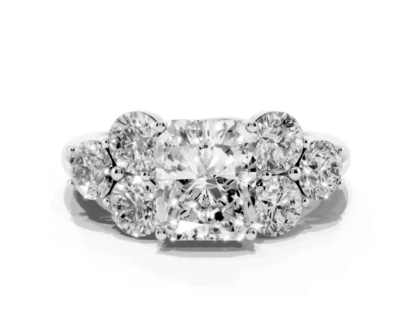 Radiant Cut Cut Diamond Cluster Ring with Round Accent Stones and Prong Setting on a Classic Band Platinum