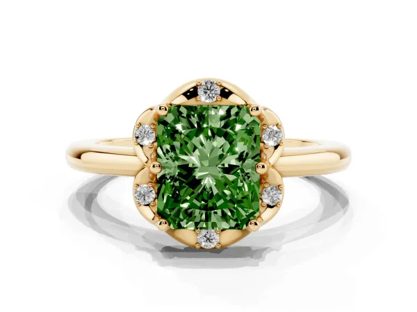 Fancy Green Radiant Cut Halo Diamond Ring with Round Cluster Setting, Solitaire Band, and Four-Prong Setting Yellow gold