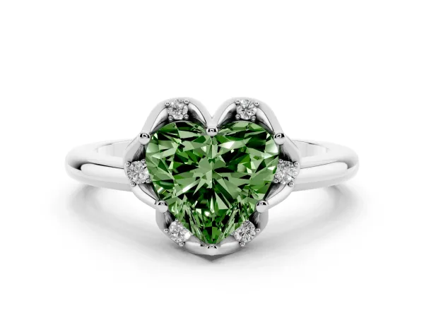 Fancy Green Heart Cut Halo Diamond Ring with Round Cluster Setting, Solitaire Band, and Four-Prong Setting White gold