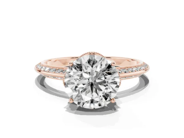 Round Cut Solitaire Split Shank Pave Diamond Engagement Ring with Four-Prong Setting Rose gold