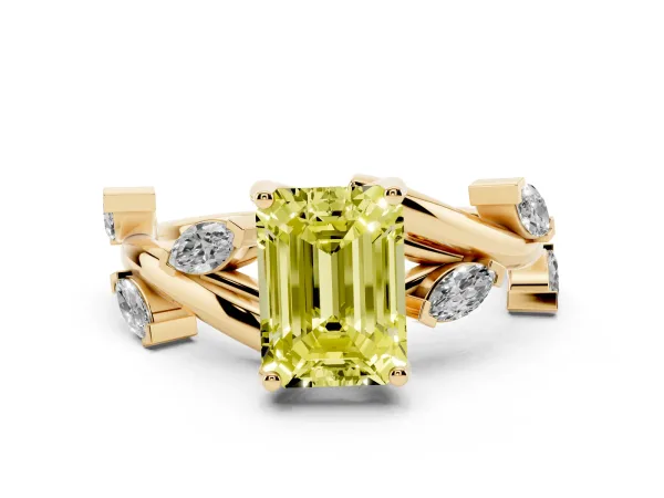Fancy Yellow Emerald Cut Solitaire Twisted Band Marquise Accent Prong Setting Ring Yellow gold