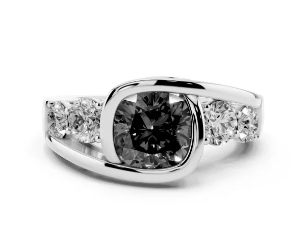 Fancy Black Bezel Set Cushion Cut Diamond Bypass Ring with Round Accents Platinum