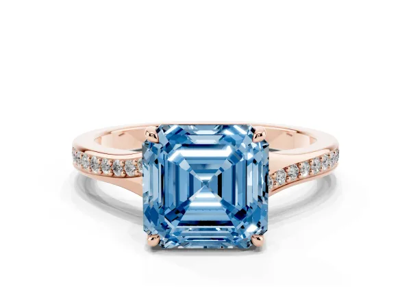 Fancy Blue Asscher Cut Diamond Solitaire Ring with Pavé Band and Prong Setting Rose gold