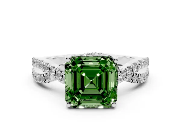 Fancy Green Asscher Cut Solitaire Twist Pave Diamond Engagement Ring with Prong Setting Platinum
