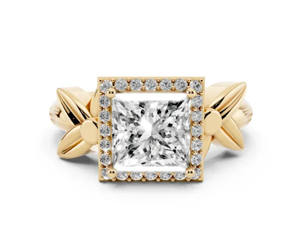 Princess Cut Halo Diamond Floral Band with Four-Prong Setting Yellow gold
