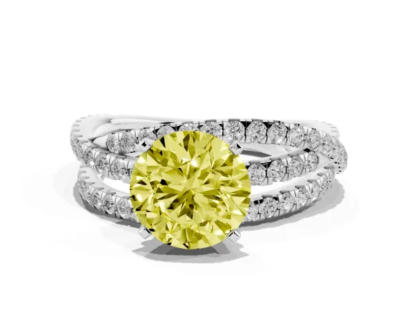Fancy Yellow Round Cut Solitaire Twist Band with Pavé Setting and Four-Prong Setting Platinum