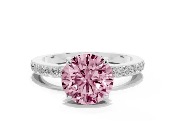 Fancy Pink Round Cut Diamond Pavé Engagement Ring with Round Accents and Prong Setting Platinum