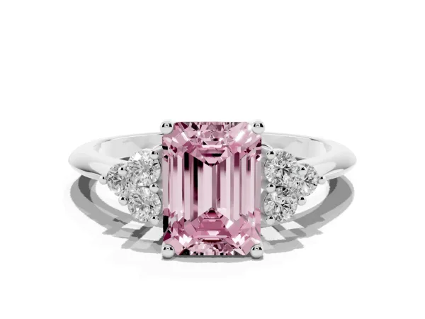 Fancy Pink Emerald Cut Cut Diamond Cluster Ring with Solitaire Band and Four-Prong Setting Platinum