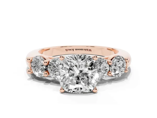 Cushion Cut Cut Five-Stone Prong Set Diamond Ring with Classic Band Rose gold