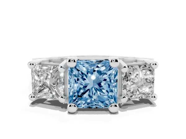 Fancy Blue Princess Cut Diamond Three-Stone Ring with Channel Set Band and Four-Prong Setting Platinum