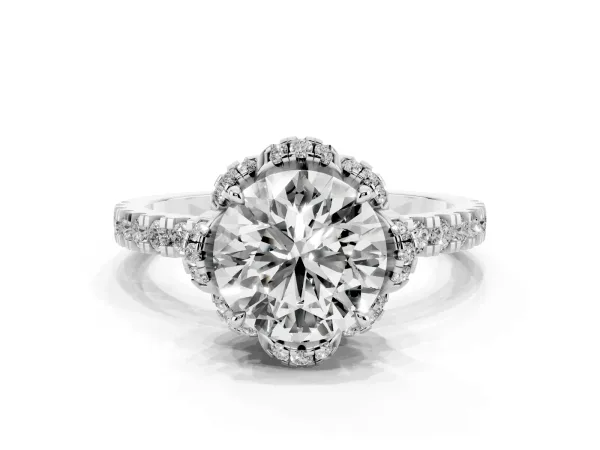 Round Cut Halo Diamond Pave Band Ring with Four-Prong Setting White gold