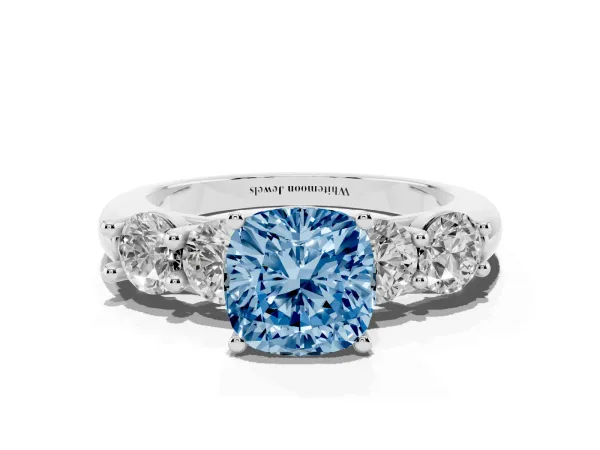 Fancy Blue Cushion Cut Cut Five-Stone Prong Set Diamond Ring with Classic Band White gold
