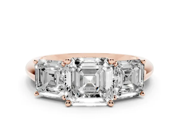 Three-Stone Asscher Cut Cut Diamond Engagement Ring with Prong Setting on a White Gold Band Rose gold
