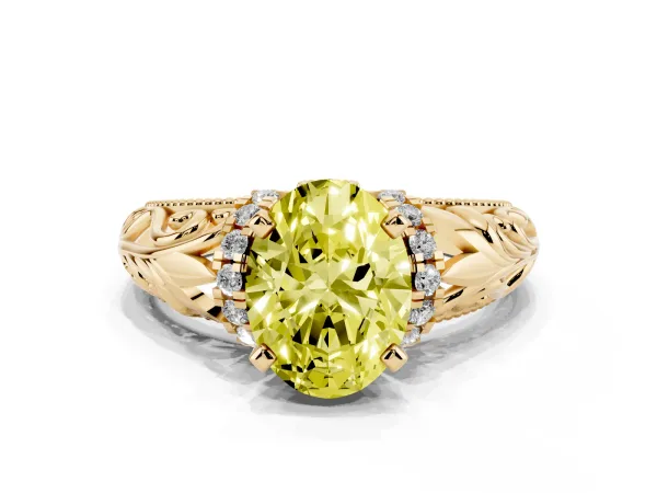 Fancy Yellow Oval Cut Solitaire Filigree Engagement Ring with Halo and Prong Setting Yellow gold