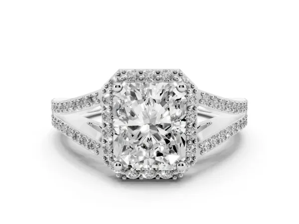 Radiant Cut Halo Split Shank Diamond Ring with Prong Setting White gold